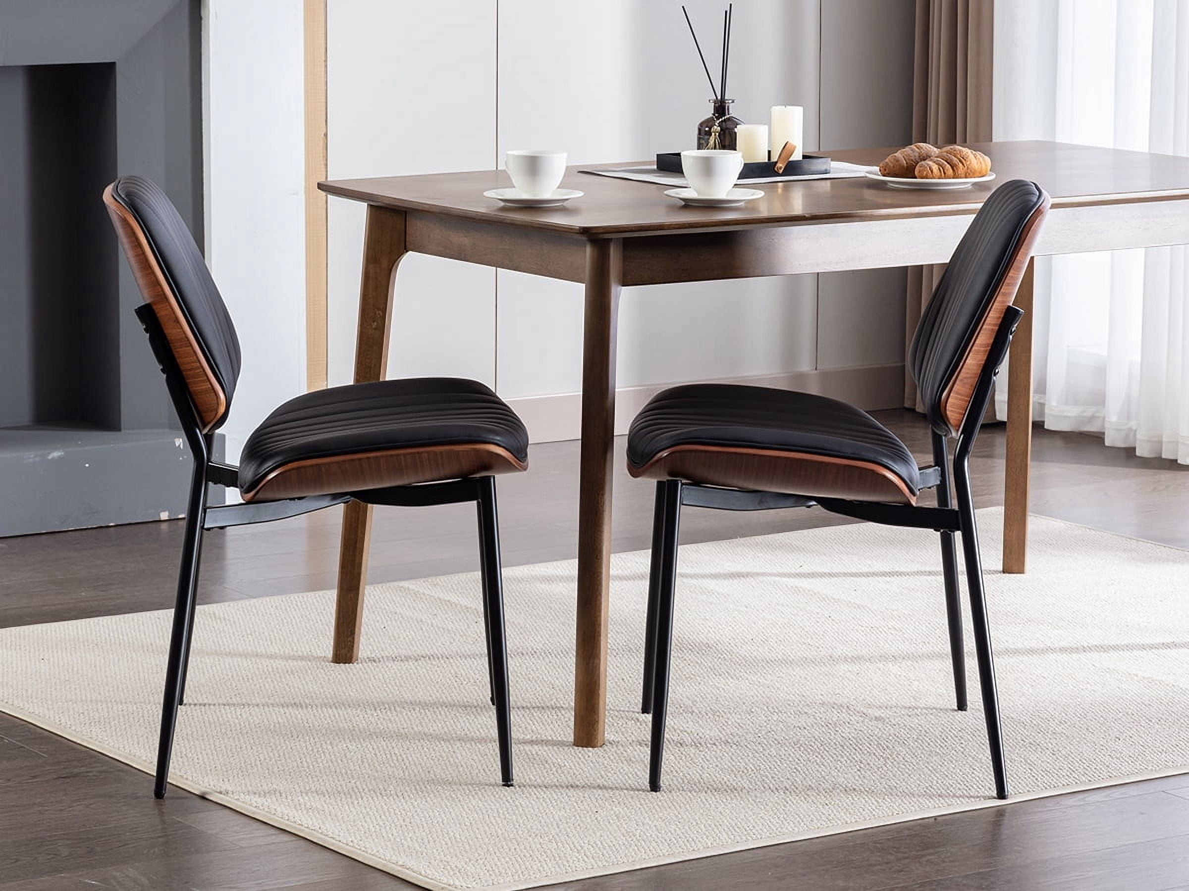 Mid Century Modern Dining Chairs Set of 6, Black Kitchen & Dining Room Chairs Set of 6, Upholstered PU Leather Kitchen Chairs for Dining Table, Sillas de Comedor, Metal Leg, Walnut Back(Black, 6 Pcs)