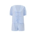 thumbnail image 1 of Gupgi Ensemble de 2 Pcs à Rayures pour Femmes Pyjama de Détente Ensemble Chemise à Manches Courtes Bouffantes à Nouer devant Shorts à Taille Élastique, 1 of 7