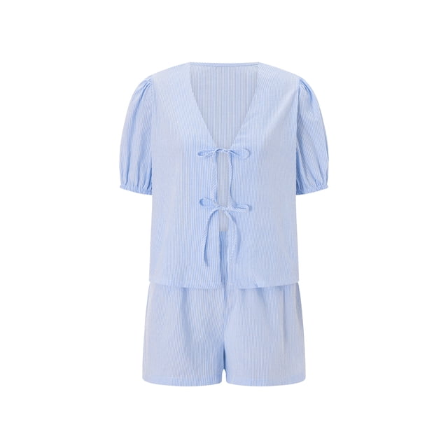 Gupgi Ensemble de 2 Pcs à Rayures pour Femmes Pyjama de Détente Ensemble Chemise à Manches Courtes Bouffantes à Nouer devant Shorts à Taille Élastique