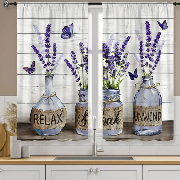 Lavender Farmhouse Vintage Kitchen Curtains 27.5W X 39L Inch 2 Panels Rod Pocket Purple Rustic Retro Short Cafe Curtains Wood Butterfly Bottle Window Drapes Treatment Dining Room Home Decor