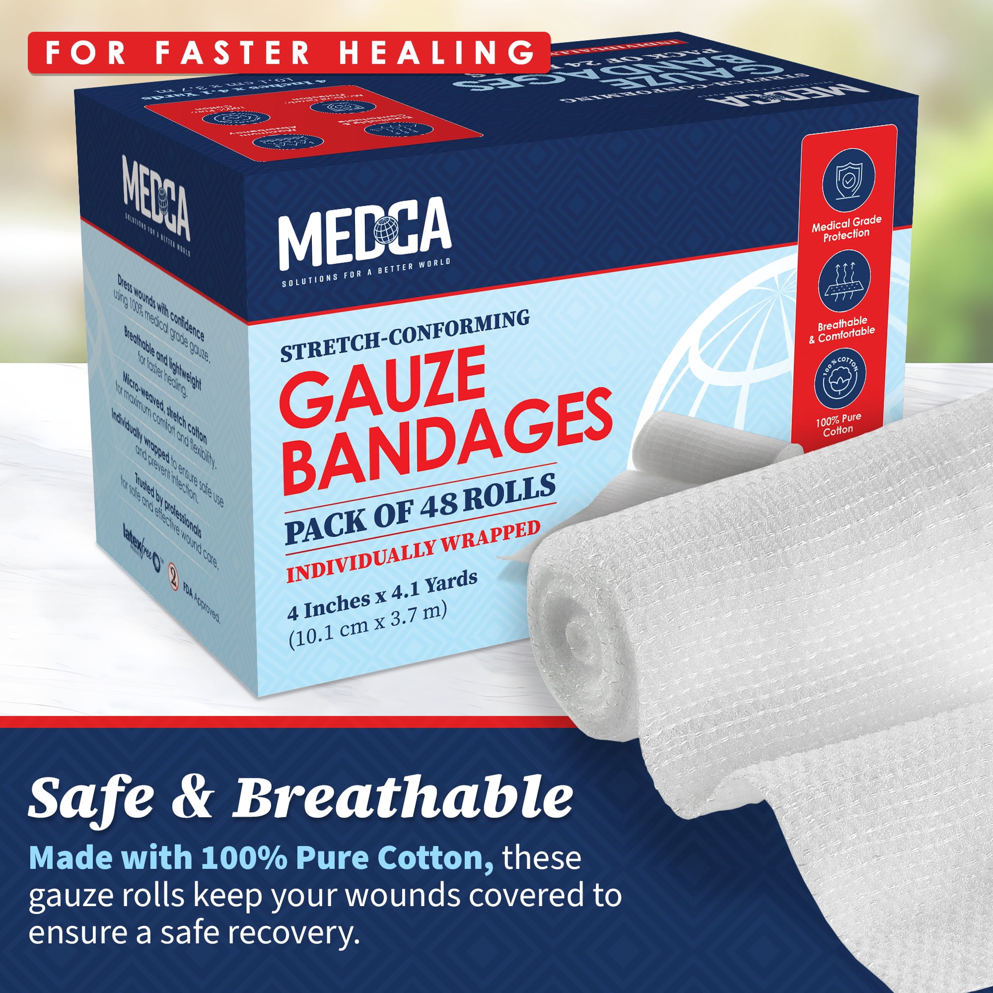 MEDca Bandage Rolls 48 Count, 4" x 4.1 Yds Medical Grade Gauze