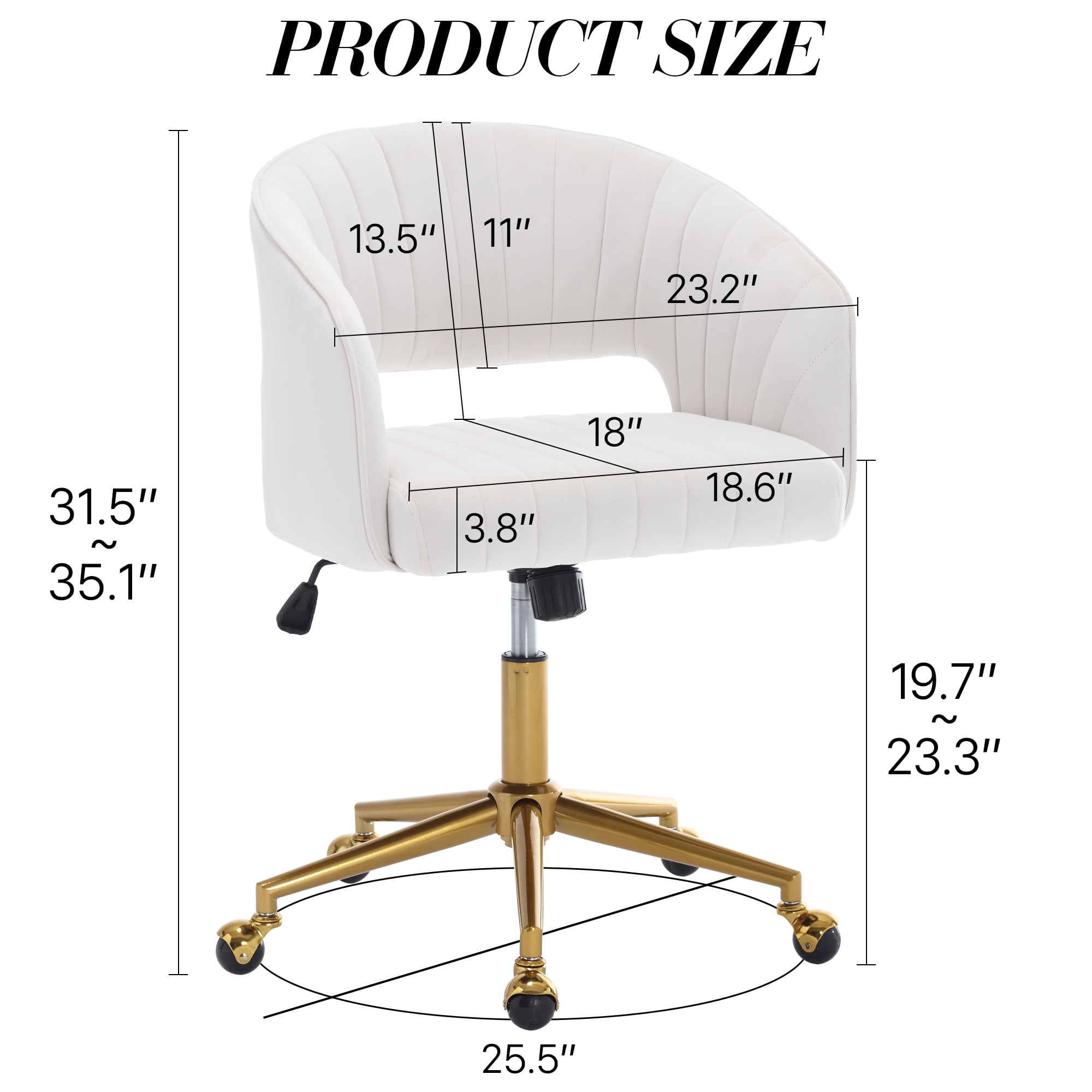 KCC Velvet Office Chair for Women, Swivel Vanity Desk Chair with Gold Base and Wheels, Adjustable Upholstered Chair for Bedroom, Makeup Room and Home Office(Cream)