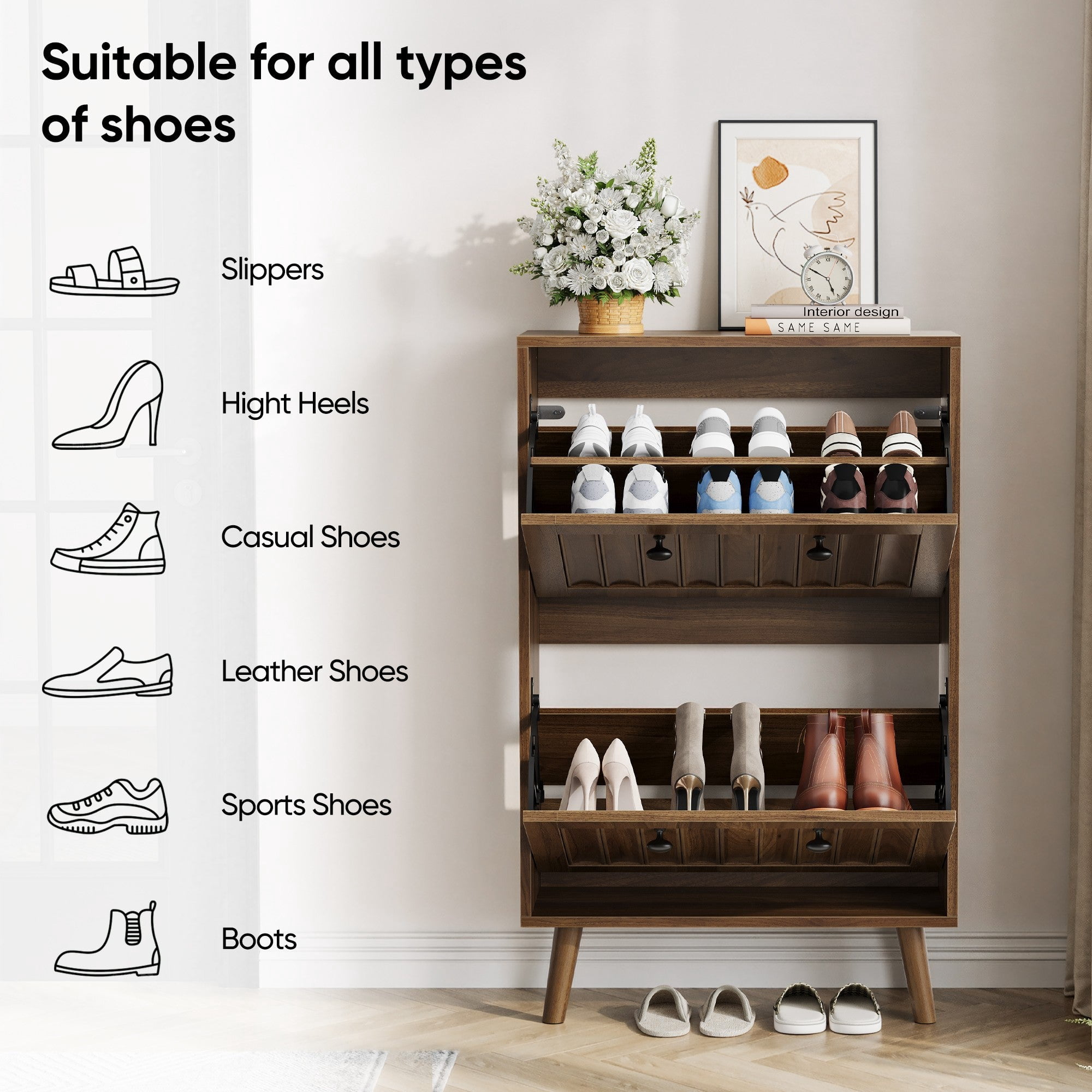 Sailvan Mid-Century Modern Shoe Cabinet, 23.6-Inch Vertical Grooved Upright Storage