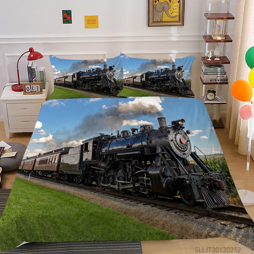 3D Steam Trains Bedding Set Colourful Queen Size Duvet Cover Boy Teens