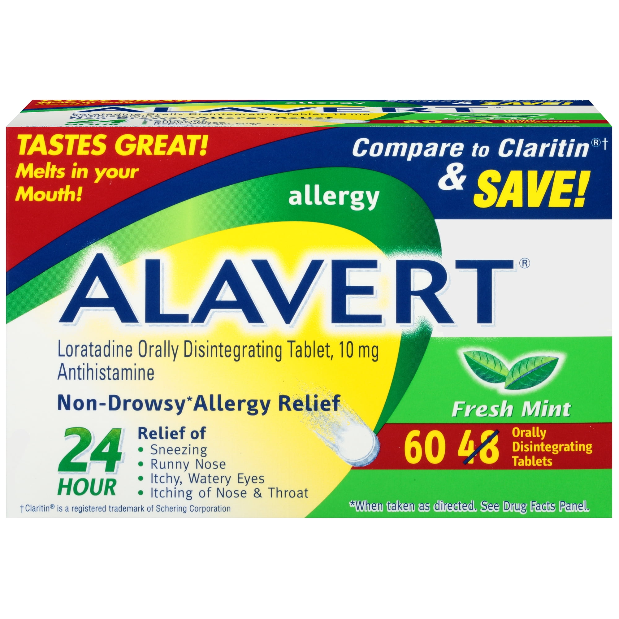 Alavert Allergy 24 Hour Relief, Fresh Mint Flavor, Orally Disintegrating Allergy Tablets, Non-Drowsy Antihistamine, Loratadine 10mg, 60 ct