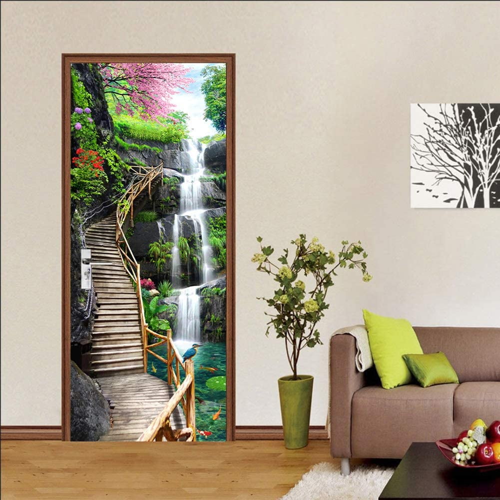 3D Fantasy Waterfall Flowers Door Sticker Wall Mural Photo Wallpaper Home Decal 