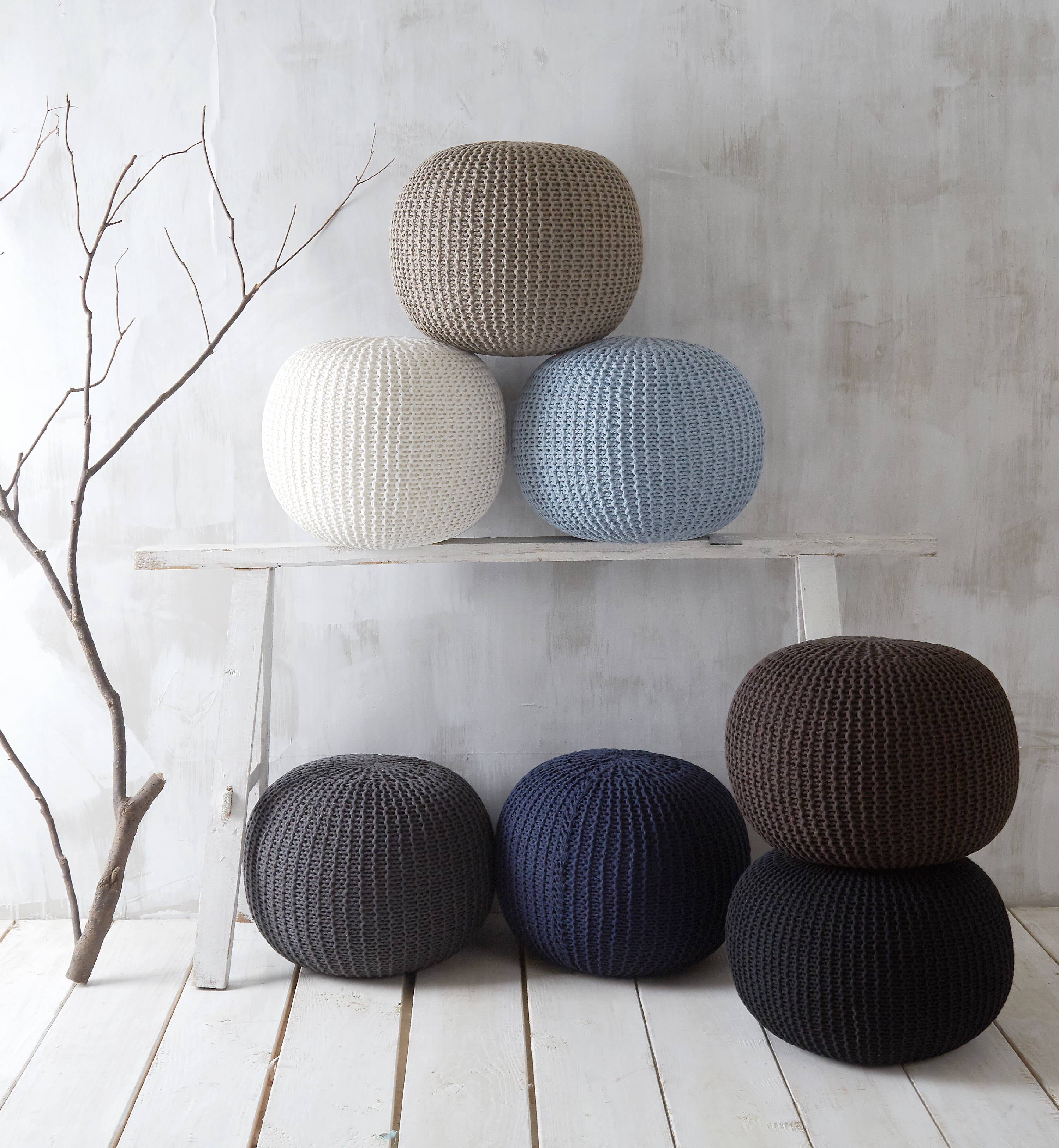 Urban Shop Round Solid Knit Polyester Pouf, Beige