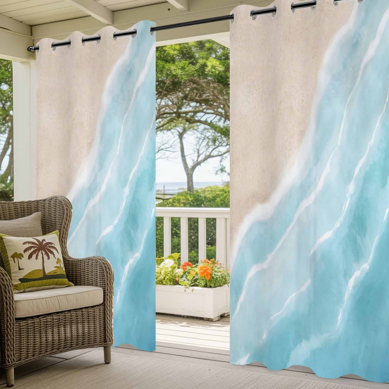 Summer Blue Beach Wave Outdoor Curtains for Patio, Coastal Nautical Watercolor Gradient Ocean Sunshade Privacy Drapes Grommet Waterproof Outside Curtains for Porch/Cabana/Balcony 54"x 108", 1 Panel
