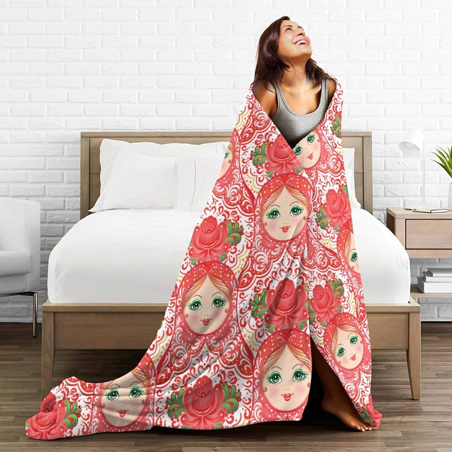 Traditional Russian Nesting Doll with Flowers Bed Blanket Ultra Soft Throw Blanket All Season Warm Light Weight Cozy Plush Blankets for Home Bedroom Sofa Chair Travel, 60"X80"