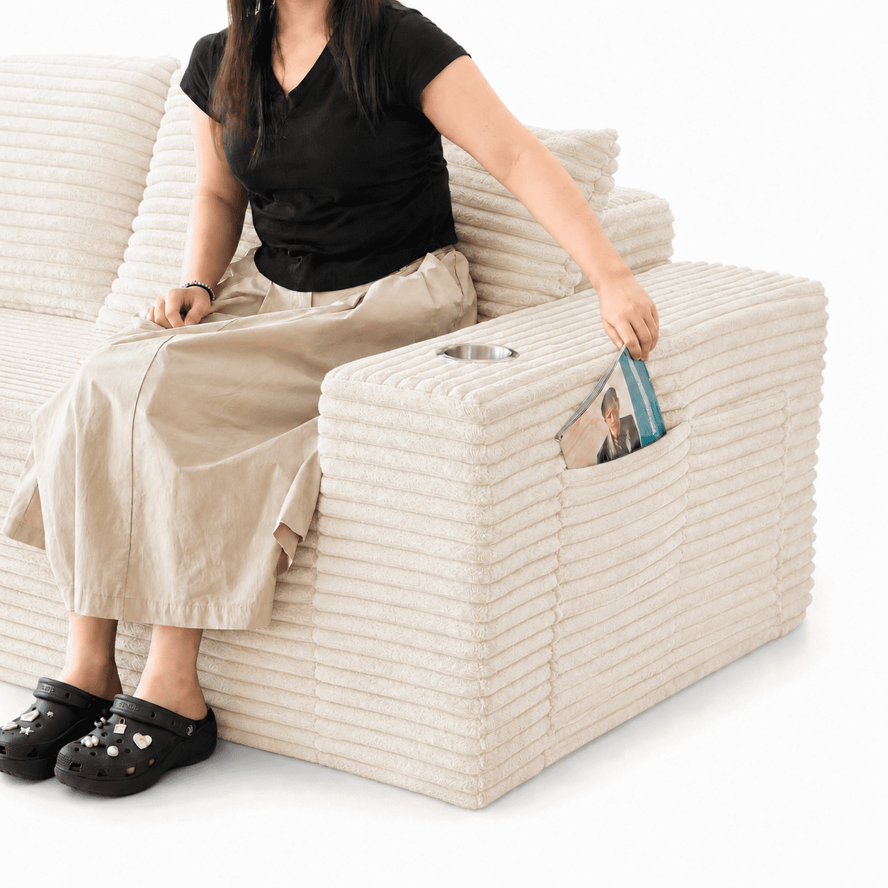 GARITIN Frameless Teddy Couch Bed 77 Inch, Boneless Corduroy Convertible Sofa with Cup Holders and Side Storage for Living Room, Cream