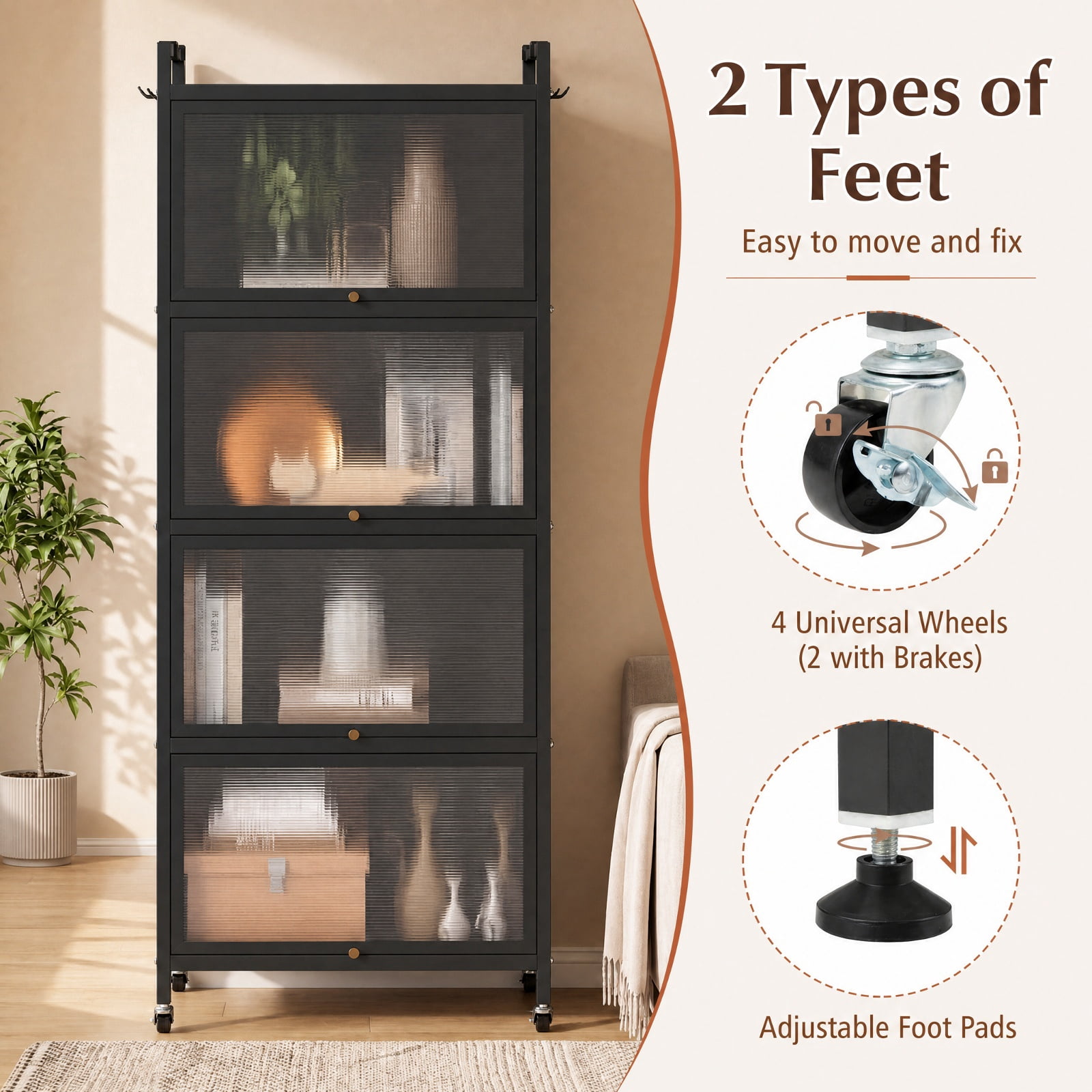 RUIE 5-Tier Metal Pantry Organizer Baker's Rack with Flip-up PC Doors, Rolling Kitchen Storage Cabinet with Universal Wheels and Golden Handles, Black