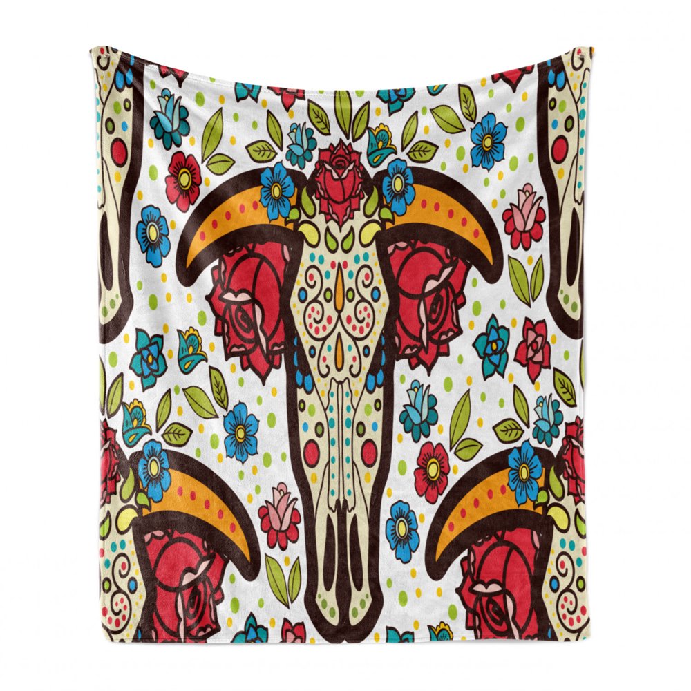 Ethnic Soft Flannel Fleece Throw Blanket, Mexican Folkloric Flourish Ornamental Animal Sugar