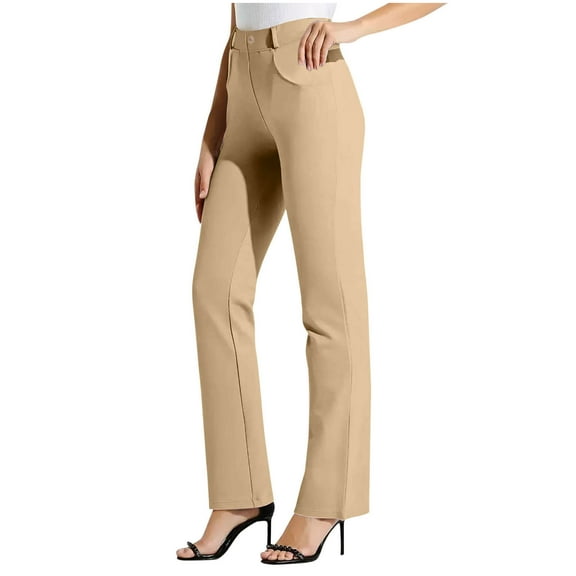Women's Yoga Dress Pants Casual Straight-Leg High Waist Office Trousers Stretchy Work Slacks with Pockets Khaki 2XL