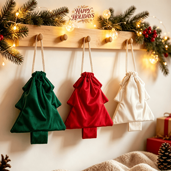 Christmas Tree Shaped Velvet Drawstring Gift Bags, Xmas Tree Shape Reusable Treat Pouches, Holiday Gift Sack, Indoor Party Storage Bags for Candy, Cookie, Small Gifts, Home, Festival, Farmhouse Decor