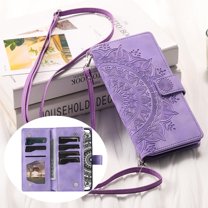 Crossbody Wallet Phone Case for Samsung Galaxy S21 FE, ELEHOLD Embossed PU Leather Zipper Pocket Folio Flip Case with Wrist / Shoulder Strap for Samsung S21 FE,Purple