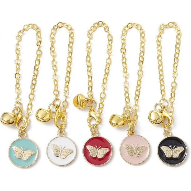1 Juego de colgantes redondos planos con mariposa, de aleación esmaltada, con dije de campana de hierro. Adorno para coche, bolso o cualquier otro artículo de decoración.