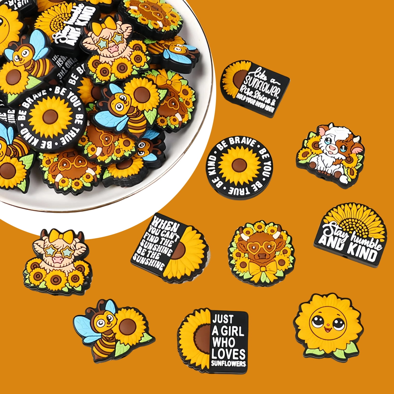 50PCS Sunflower Silicone Focal Beads for Keychain Making, DIY Bracelets, Pen Decor - Cute Floral Beads Jewelry Craft Supplies,Handmade Necklace Multi-Use Projects