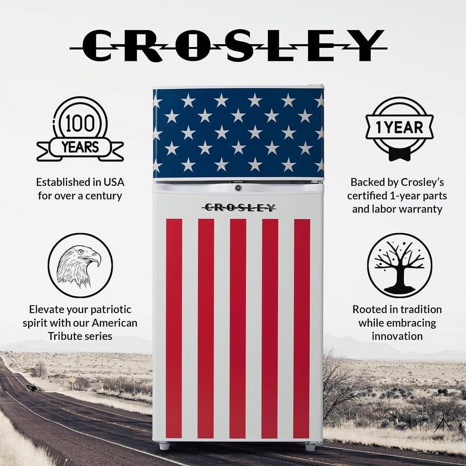 Crosley American Tribute 4.2 Cuft 2-Door Compact Refrigerator, White with American Flag Design