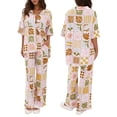 thumbnail image 1 of SUNSIOM Women's Summer 2Pcs Outfits Cartoon Palm Leaf Print Short Sleeves Lapel Tops with Drawstring Pants Set, 1 of 6