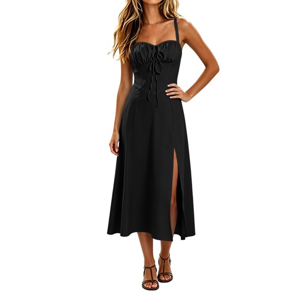Qulqfy Boho Summer Dresses for Women Sleeveless Corset Wedding Guest Maxi Solid Black Wrap Square Neck Tie-up Bow Side Slit Beach Long Dresses 2XL