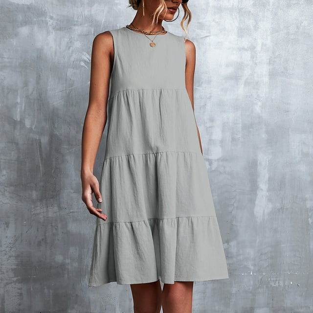 SMihono Robe d'Été Grande Taille pour Femmes 2023 Mode Vacances Été Couleur Unie Col Rond Sans Manches Fête Plage Robe Ample