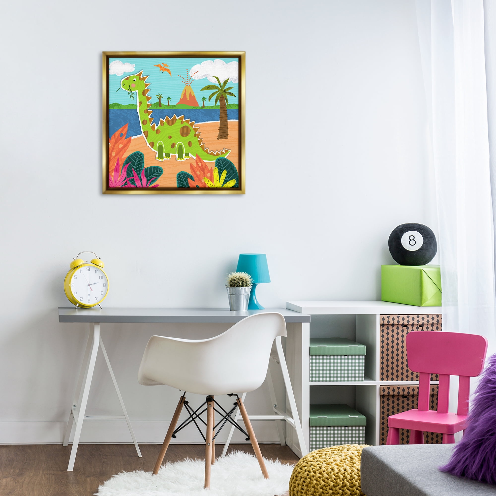 Stupell Industries Dinosaur on Beach Animals Painting Gold Floater Framed Canvas Art Print Wall Art, 25 x 25