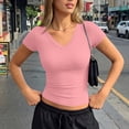 thumbnail image 6 of Lumtrix Women Short Sleeve V Neck Ribbed Knit Fitted Shirts Basic Tees Tops 2026 Summer Casual T-Shirts Going Out Shirts Pink XL, 6 of 6