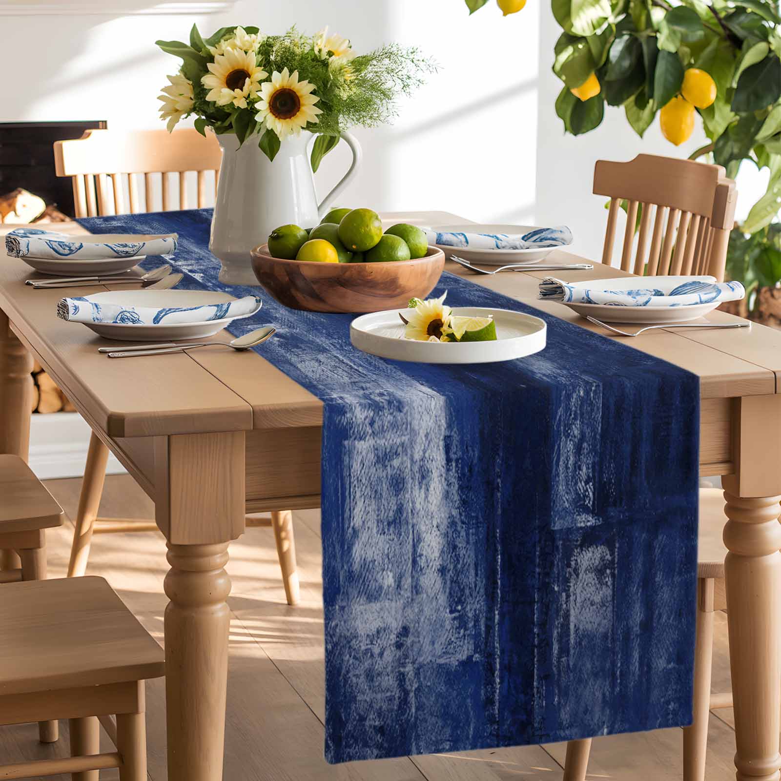 Table Runner 60 Inches Long for Kitchen Dining, Navy Blue Dresser Scarf Farmhouse, Dining Table Decorations for Wedding/Parties, Retro Oil Painting Modern Abstract Art Aesthetics 13 x 60 In