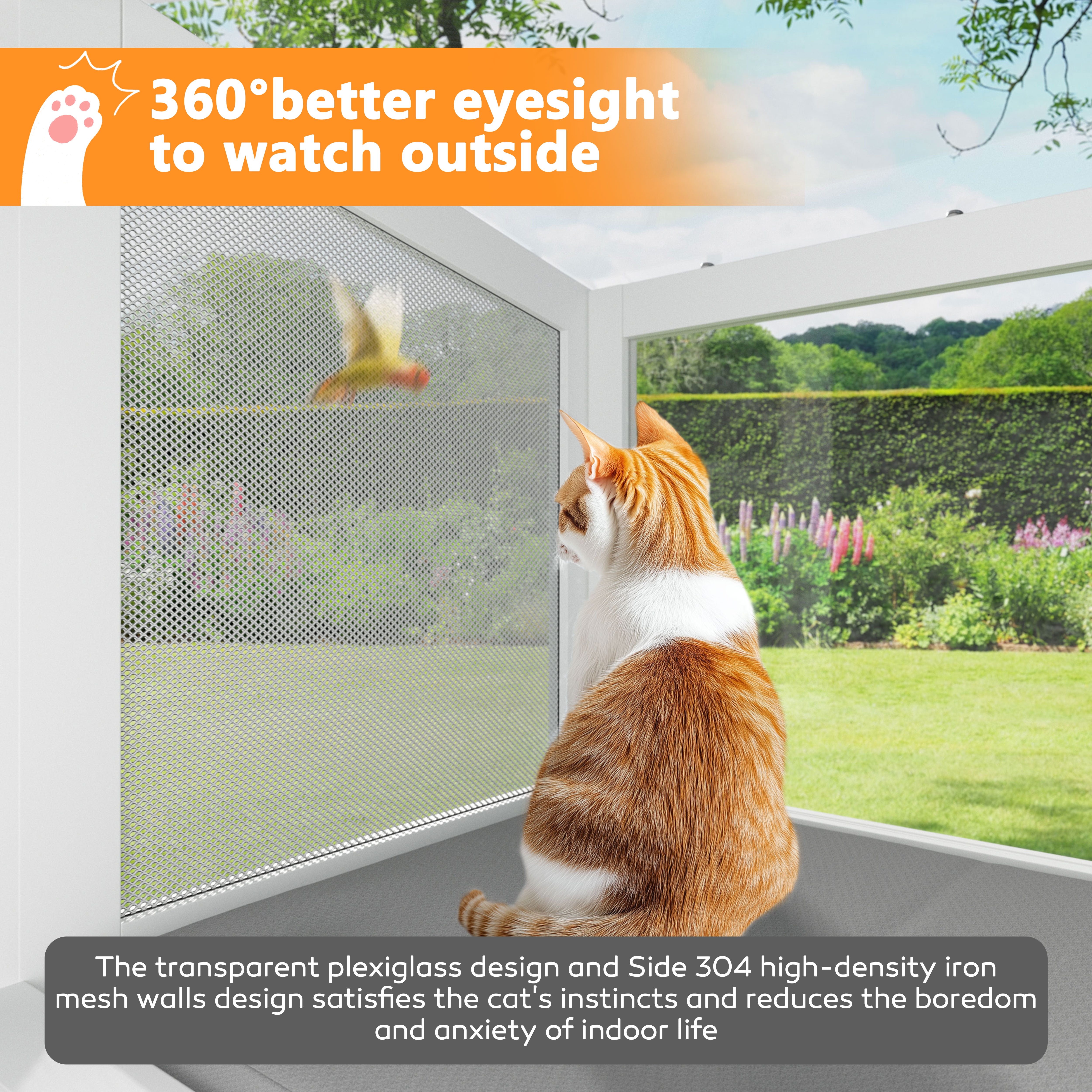 VEIKOUS Wooden Wall-Mounted Outdoor Cat Window House with Clear Plexiglass, Fits 26"-42" Window, White