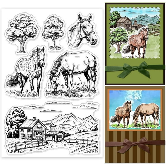 Horse Farm Clear Stamps DIY for Cards Making Tree Clear Stamp Seals Transparent Stamps DIY for DIY Scrapbooking Photo Album Journal Home Decoration