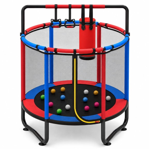 55" Toddler Trampoline for Kids, Indoor Kids Trampoline with Gym Bar, Punching Bag, Rings, Ball Pit, Indoor Trampoline for Kids with Net, Mini Trampoline for Kids Ages 3–6, 110lbs Capacity, Blue