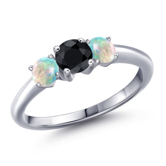 Gem Stone King 925 Sterling Silver Black Sapphire and Simulated White Opal Engagement Ring for Women | 1.19 Cttw | Round 5MM | Gemstone September Birthstone | Size 5