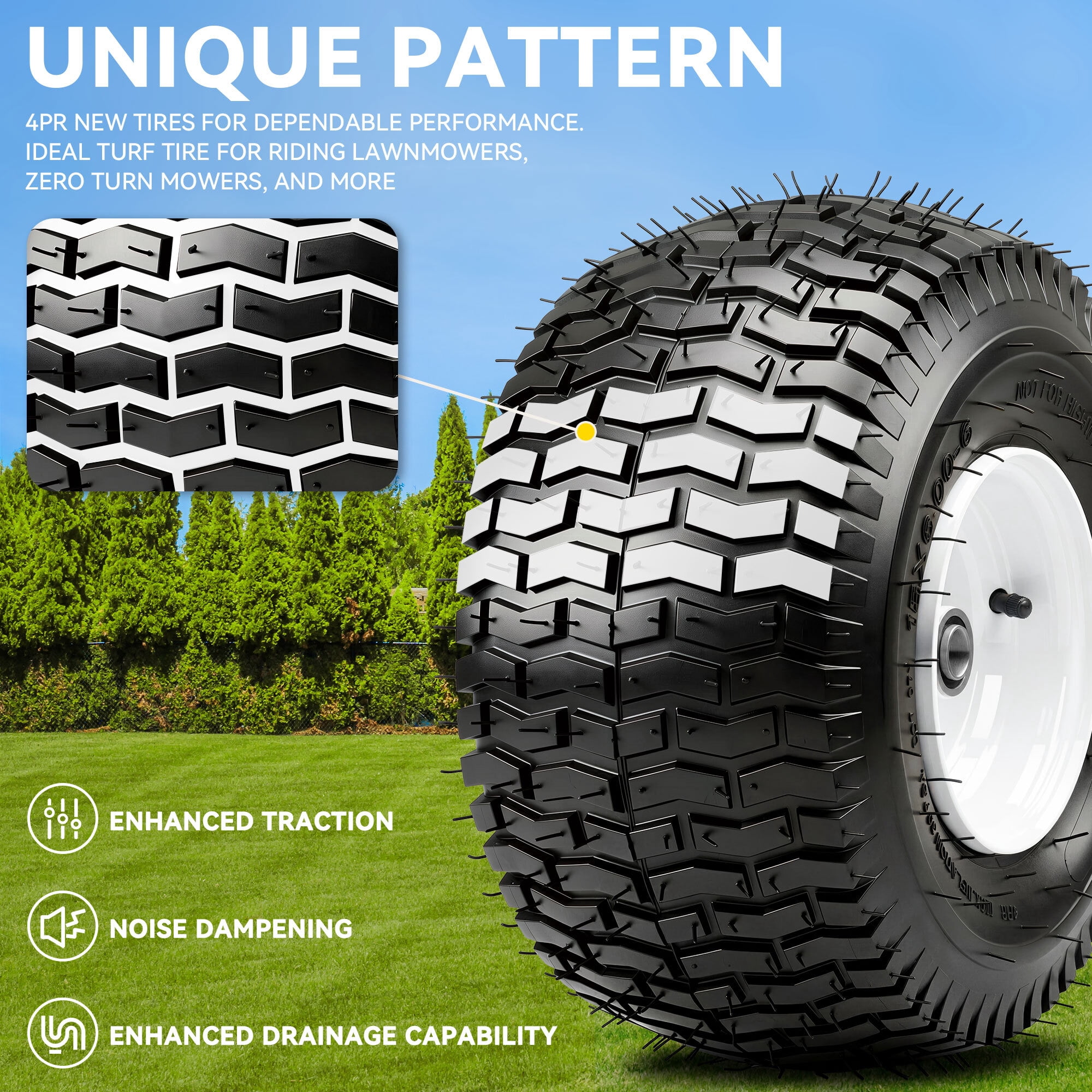 Uforic 15x6.00-6 Lawn Mower Tire & Wheel Assembly, 4 Ply Pneumatic Replacement Front Tires, 570 LBS Load Capacity, 3" Centered Hub 3/4" Bearings, Fits John Deere Riding Lawn Tractors, Set of 2