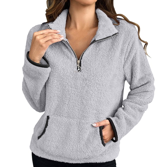 XUNKUSGA Womens Half Zip Pullover Long Sleeved Double-Sided Fuzzy Sherpa Sweatshirt for Women Solid Color Stand Up Collar Women's Clothing with Pocket S-2XL Gray