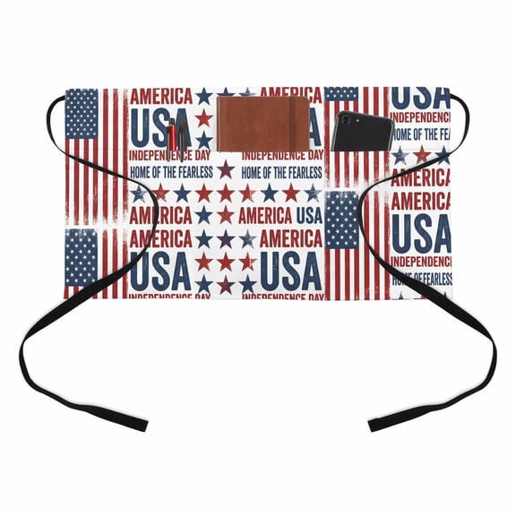 Independence Day Kitchen Restaurant Half Waist Apron, Retro American USA Flag Red Stripes Abstract Server Short Apron with 3 Pockets Waterproof Oil Waist Aprons for Women Waitress Waiter
