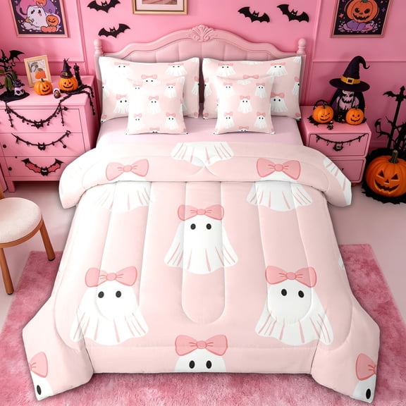 Homewish Cartoon Bow Ghost Twin Bedding, Halloween Skull Ribbon Bedding Comforter Set, Pink Reversible, 7-Piece