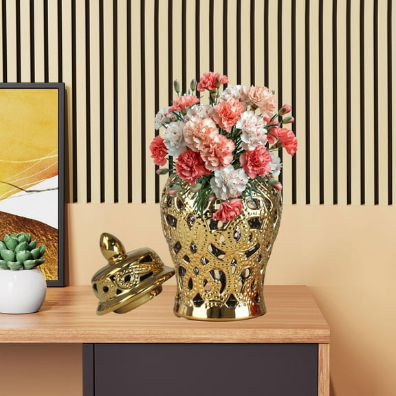 Tongina Porcelain Ginger Jar Decorative Jar Elegant Floral Arrangement Hollow Temple Jar for Mantel Party Indoor Shop Window Entrance Gold