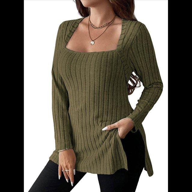 Camisas de Larga para Mujer, Blusas Casuales Modernas con Cuello Cuadrado, Suéteres Ligeros. Verde XL