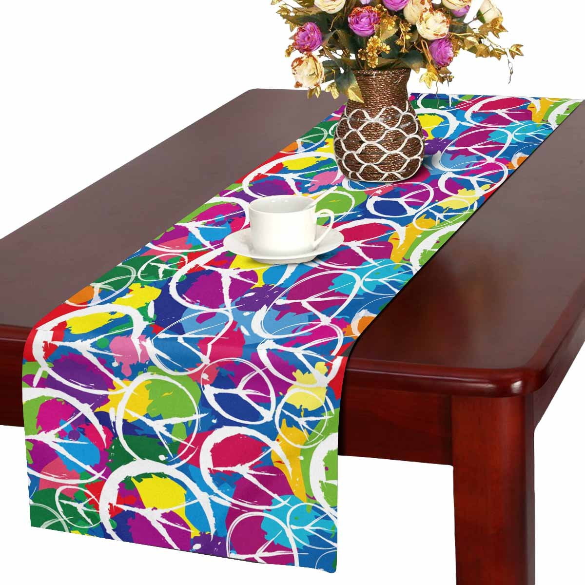MKHERT Watercolor Peace Sign Table Runner, Colorful Rainbow Table Cloth
