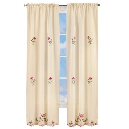 Elegant Pink Rose Floral Embroidered Curtains Drapes Ivory