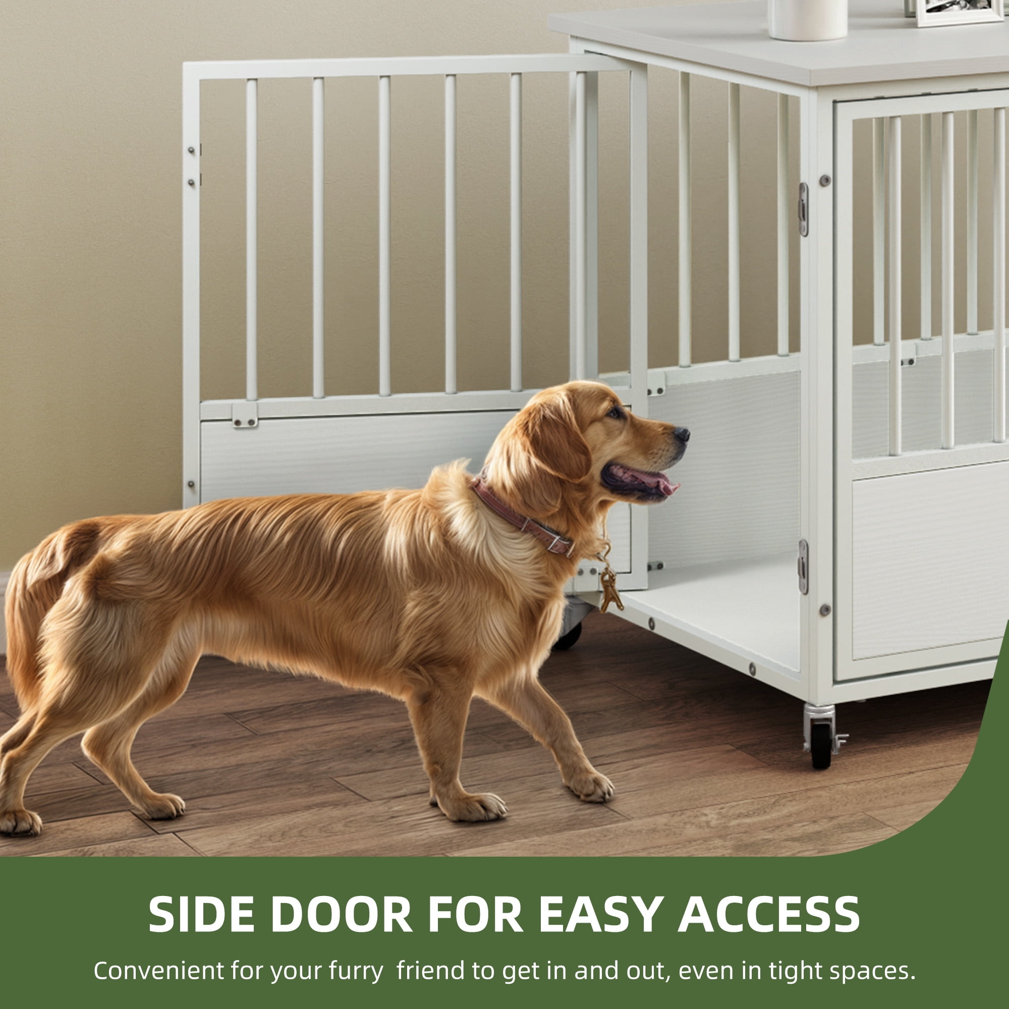 Uforic 38-Inch Wooden Dog Crate Furniture with Wheels and Double-Doors,Dog Kennel,Dog Cage for Indoor - White
