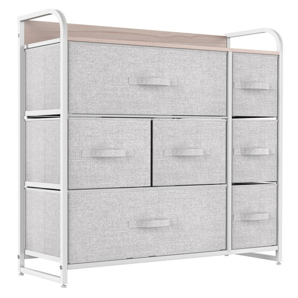 7 Drawers Dresser Fabric Chest Storage Bin Unit Shelf Organizer, Light Gray