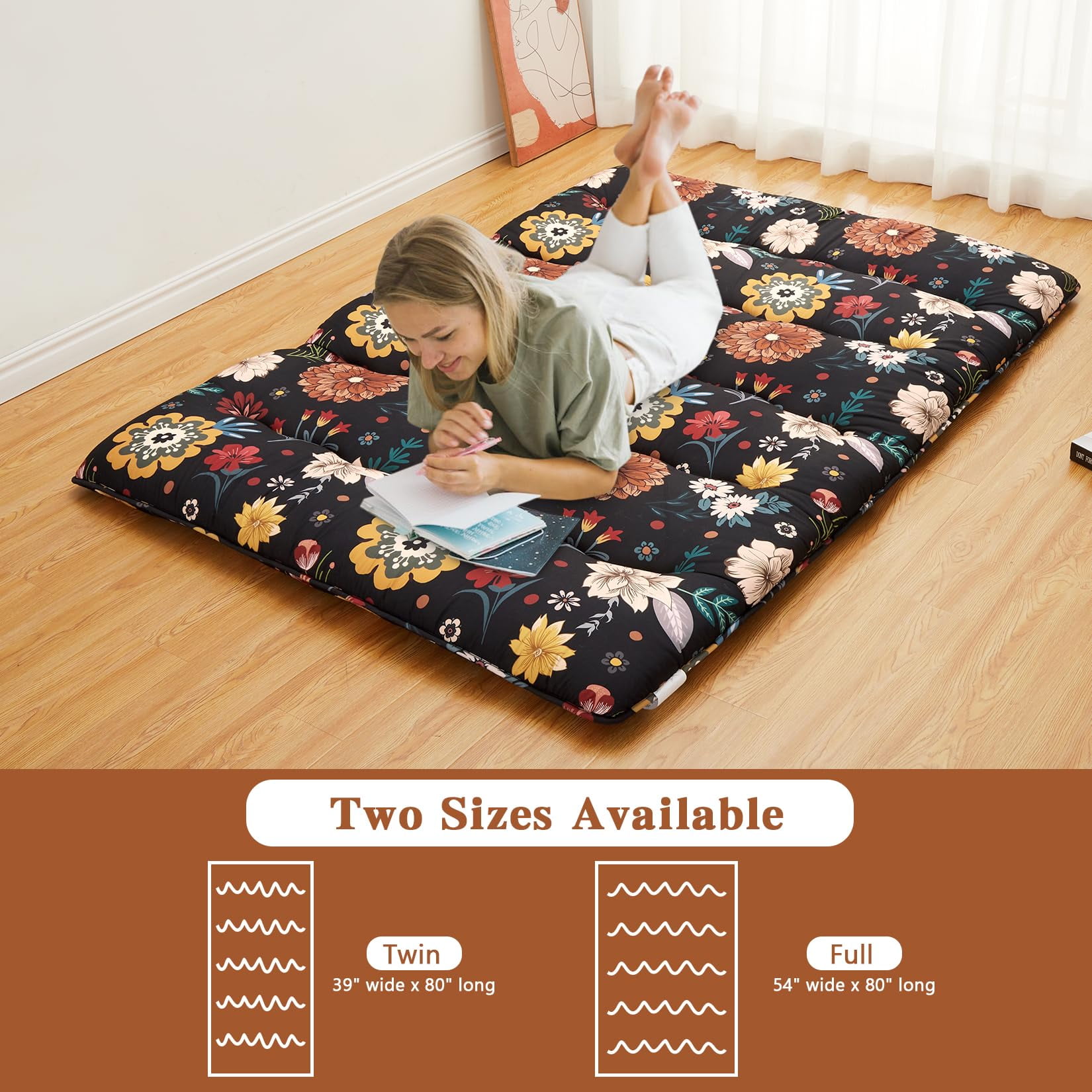 Ataucjin Twin Size Japanese Futon Floor Mattress, 3 Inch Thick Floral Tatami Mat, Foldable Portable Sleeping Mattress, Modern Floor Bed for Living Room, Guest Room, Camping