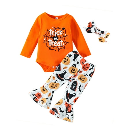 

TheFound Newborn Baby Girls Halloween Outfits Long Sleeve Pumpkin Print Romper Flared Pants with Headband 3Pcs Clothes