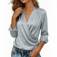 thumbnail image 6 of Zynoxe Long Sleeve Shirts for Women Lightweight Smooth Satin Womens Tops Fashion Versatile Solid Color V Neck Shirt Top Elegant Wrap Front Casual Blouse Business Casual Outfits 2XL, 6 of 10