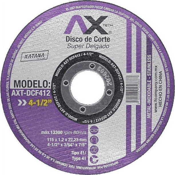Disco de corte Abrasivo super delgado de 4 1/2 pulgadas Paquete con 50 piezas AXTECH DCF412 Abrasivo