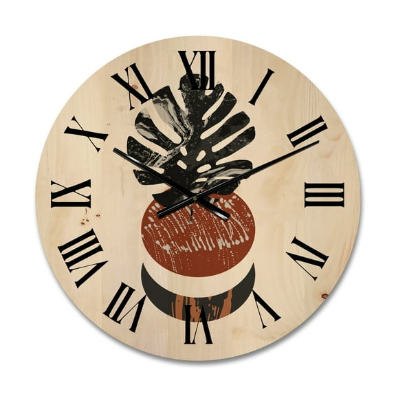 Designart 'Abstact Tropical Palm Leaf, Minimal Sun And Moon II' Modern Wood Wall Clock