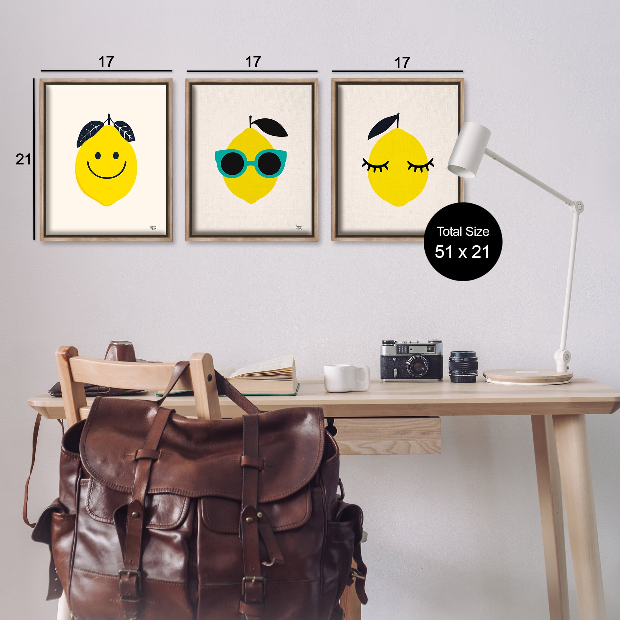 Stupell Industries Hip Summer Lemon Faces Food & Beverage Painting Brown Floater Framed Canvas Art Print Wall Art, 17 x 21, Set of 3