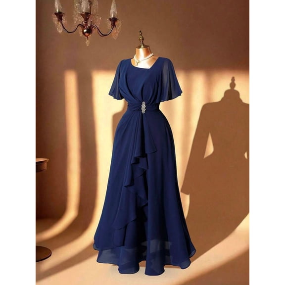 Elegant Blue Plus Size Long Dress With Rhinestone Waist Detail, Asymmetrical Hem, Short Sleeve Evening Gown