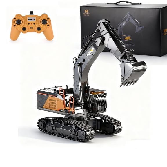 1592 RC Excavator Toy, 1:14 Scale Remote Control Construction Vehicle with 22 Channel 2.4GHz Controller, Metal Bucket, LED Lights, Realistic Sounds, 360° Rotating Cab, Rechargeable Battery for Kids